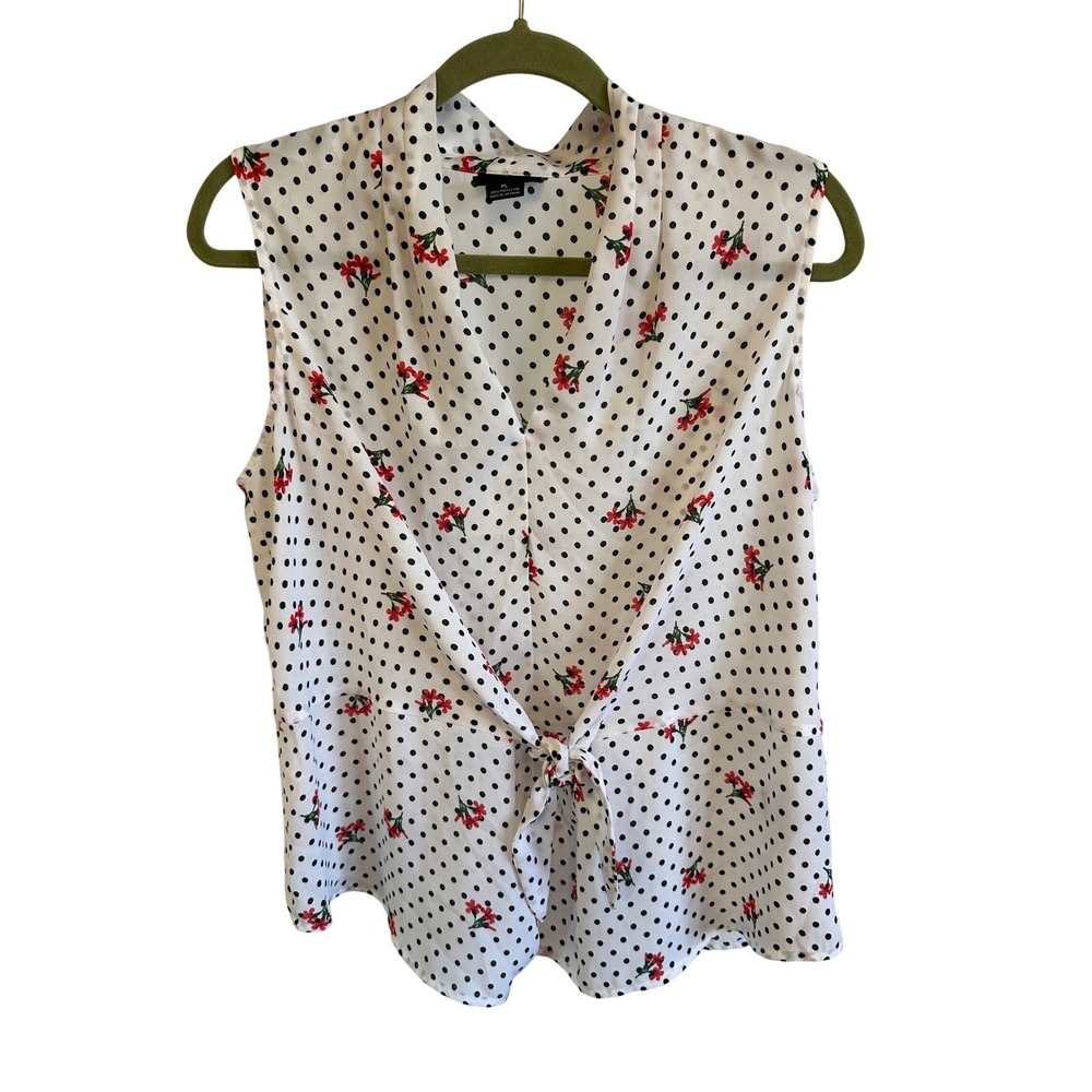 Liz‎ Claiborne Petite PL White Polka Dot Floral Tie Front Sleeveless Blouse